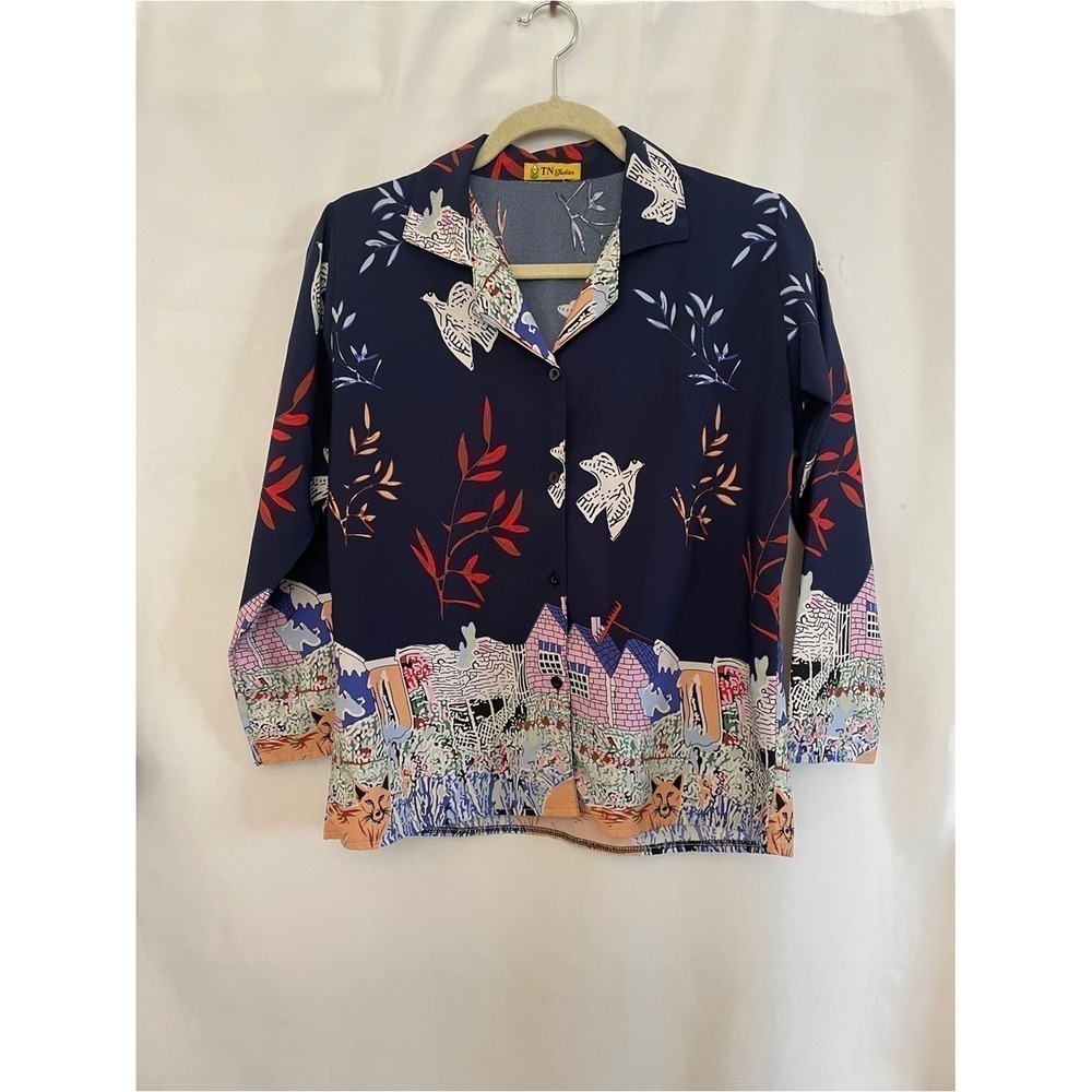 Birds & Houses Bold Art Print Vintage Style Retro Navy Scenic Button-Up Shirt